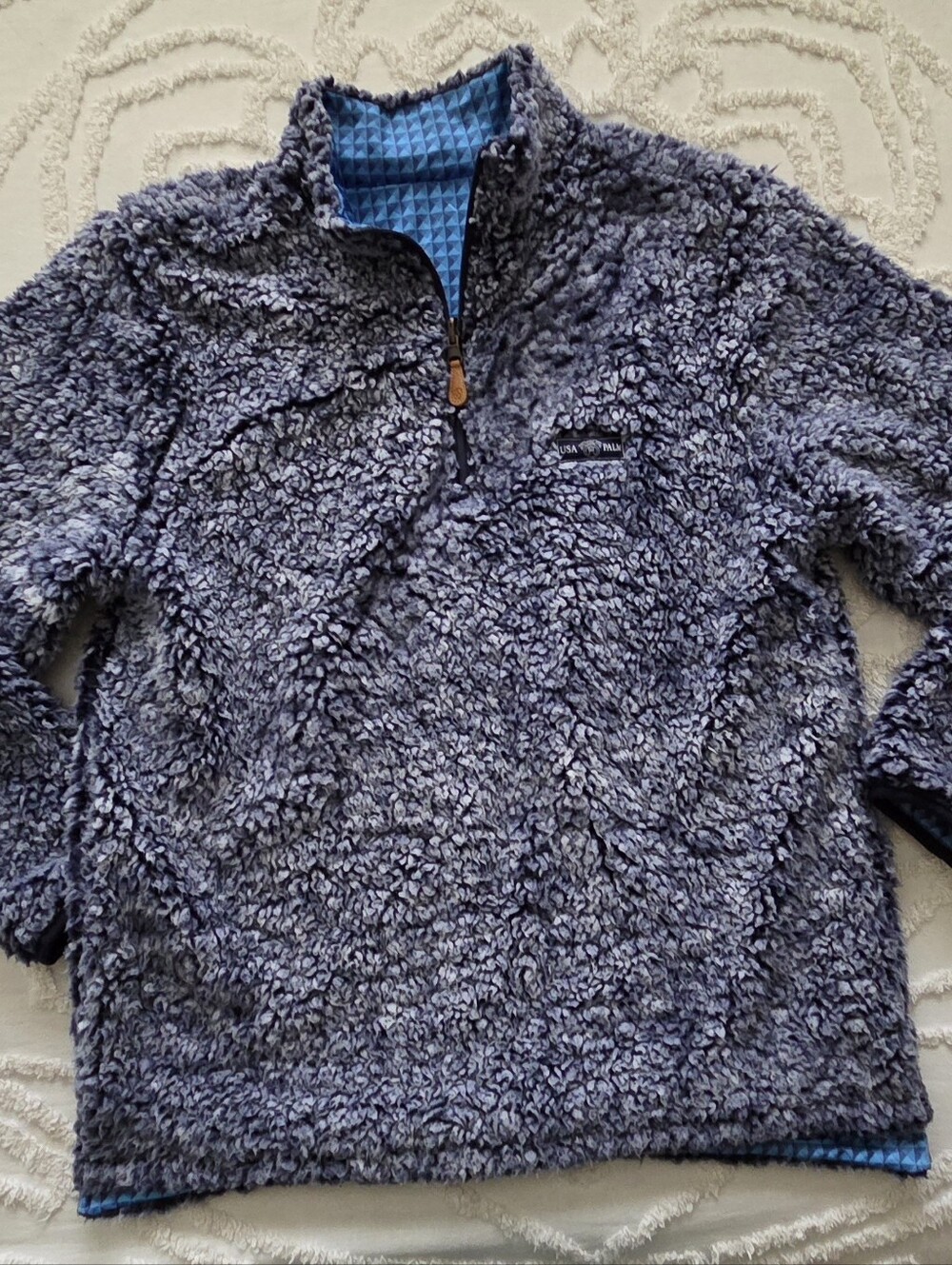 USA Palm Men Reversible Sherpa Fleece 1/4 Zip Pullover Jacket Blue Gray Large